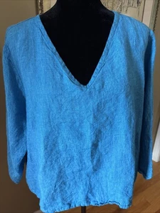 Flachsblau Leinen Bluse Top V Large Oversize Lagenlook Pullover Langarmshirt - Bild 1 von 13