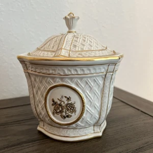Vintage Italienische Porzellan Deckeldose Weiß Und Gold Korbgeflecht Made In Italy �� - Bild 1 von 12