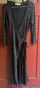 Diane Von Furstenberg Black & Silver Lurex Knit Stretch Evelyn Wrap Dress L EC! - Picture 1 of 10