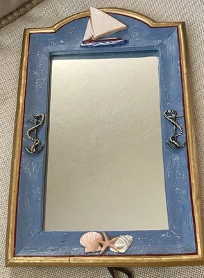 Vintage 1994 Rare Figi Graphics 13” x  8” Mirror Framed Nautical Beach Blue Gold - Image 1 of 4