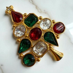 VINTAGE LIA CHRISTMAS TREE PIN BROOCH SIGNED RED GREEN WHITE CLEAR - Picture 1 of 5