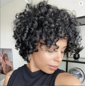 Women's Short Afro Curly Bob Pixie Cut Black Wigs Brazilian 100% Human Hair Wigs - Picture 1 of 12