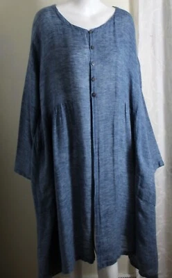 AS IS Eskandar Sz 2 Denim Jean French 45"L A-Line Duster Jacket Linen Woven - Image 1 of 4