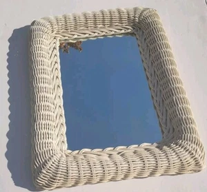 Vtg Rattan Wall Mirror Accent 16x12 Painted Wicker Frame Boho Cottage Shabby - Picture 1 of 6