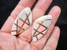 Vintage Artisan Peach, Grey & Gold Tone Clip CERAMIC Earrings