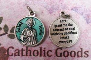 Saint St Jude + Prayer - Green Enamel - Silver Tone Round- Medal  - Picture 1 of 3