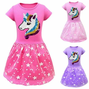 Kids Girls Unicorn Princess T-Shirt Dress Birthday Party Short Sleeve Midi Dress - Picture 1 of 15