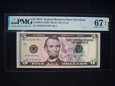 $5 Federal Reserve Note Series 2013 FR1996-D Cleveland MDC Block - Image 1 of 2