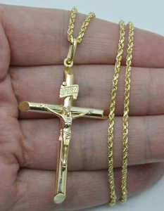 Real 10k Yellow Gold Huge Jesus Christ Crucifix Cross Pendant + Chain 16''-24'' - Picture 1 of 10