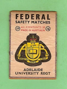 #D126. AUSTRALIAN MATCHBOX LABEL WITH ARMY BADGE #39 ADELAIDE UNIVERSITY REGT - Bild 1 von 1