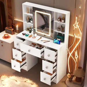7 Drawers With LED Mirror Makeup Vanity Table Set Bedroom Dressing Dresser Desk - Picture 1 of 17