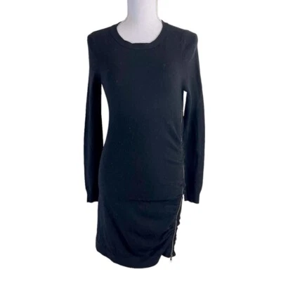 Vestido Aqua Negro Cachemira Lana Mezcla Seda Talla Pequeña Bodycon Cremallera Acanalada Lateral Foto 1 de 4