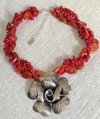 Gargantilha pingente colar 925 flor coral bambu vermelho SX Sally C. Treasures - Imagem 1 de 4