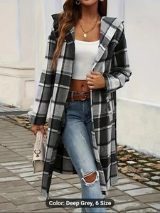 Long Plaid Coat With Pockets Fashion Winter Jacket Outwear Women, Long Flannel - Picture 1 of 4