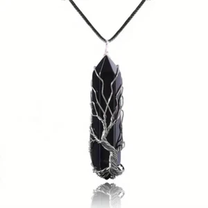 Natural Obsidian Stone Necklace Tree of Life Pendant Necklace Hexagonal Reiki - Picture 1 of 4