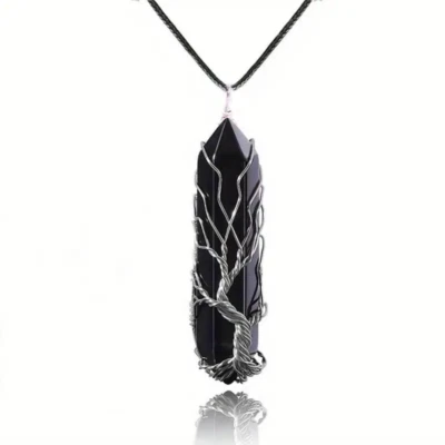Ожерелье с подвеской из натурального обсидиана дерево жизни шестиугольное рейки - Изображение 1 из 4