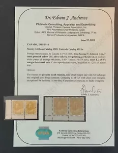 CANADA UN#113iv GREENISH YELLOW MH OG RARE PAIR WITH CERTIFICATE CV$800.00 - Picture 1 of 4