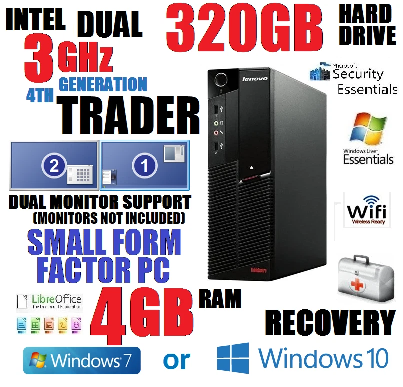 🚩LENOVO 🚩SMALL SFF🚩 2-MONITOR TRADING COMPUTER🚩3GHz🚩4GB🚩320GB WIFI DESKTOP - Image 1 of 3