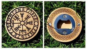 Handmade engraved wooden Bamboo Bottle Opener Viking Vegvisir Runic Pagan Wicca - Picture 1 of 3