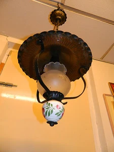 Vintage Cottage/ Farm Wrought Iron and Glass Ceiling Light Lamp Oil style - Picture 1 of 12