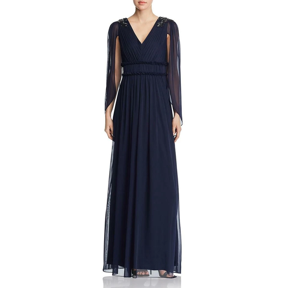 Adrianna Papell Womens Navy Embellished V-neck Evening Dress Gown 6 BHFO 1291