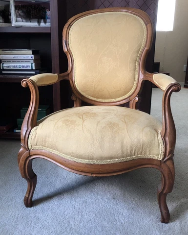 Beautiful Vintage French Carved Wood Accent Arm Chair. Golden Yellow Cover