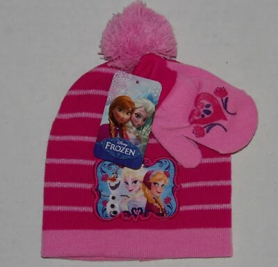 NEW NWT Disney Frozen Toddler Girl s Striped Winter Hat & Mittens Set SZOSFM - Image 1 of 4
