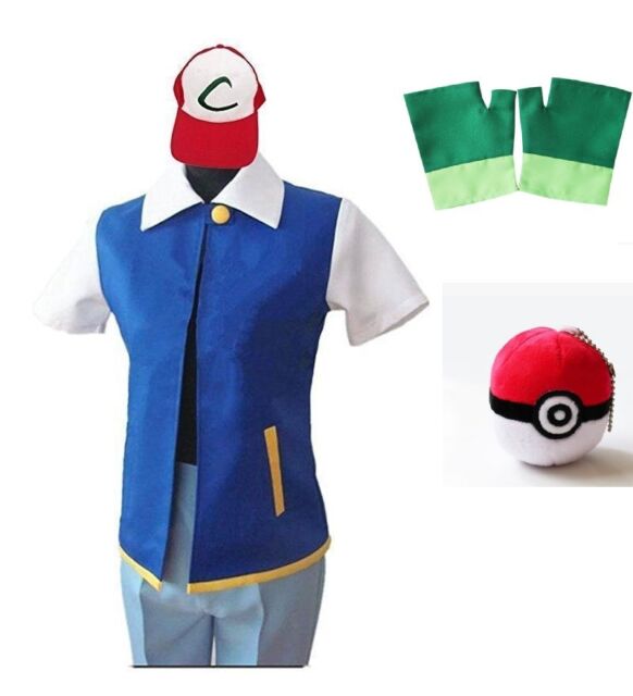 Pokémon Ash Ketchum fantasia de cosplay masculina, jaqueta azul