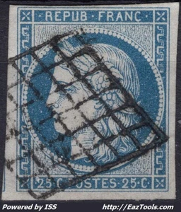 FRANCE EMISSION CERES 25c BLEU N° 4 AVEC OBLITERATION GRILLE - Picture 1 of 2