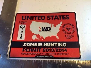 Zombie Hunting Permit 4WD United States Bumper Sticker Decal - Picture 1 of 2