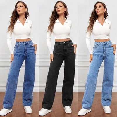 Ladies Stretchy High Waist Pockets Denim Trousers Pants Straight Legs Jeans SIZE - Image 1 of 4