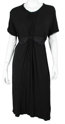 LANVIN Black Jersey Raw-Edge Silk Trim Ruched Front Bow Detail Shift Dress M - Image 1 of 4