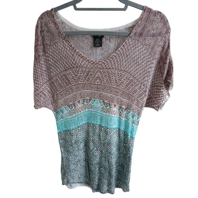 Top para mujer Lord and Taylor marrón y azul patrón geométrico tejido mezcla de lino S Foto 1 de 4