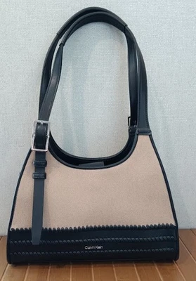 Calvin Klein Purse Shoulder Bag Satchel Beige Natural Black Canvas Boho  - Image 1 of 4