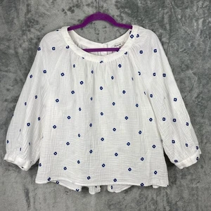 Madewell Embroidered Lightspun Wide Neck Button Back Top Womens Large White Blue - Picture 1 of 8