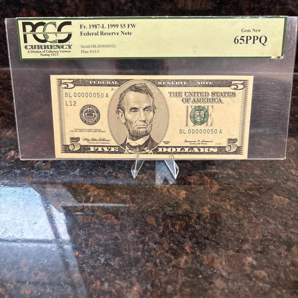 FR#1987-L Series1999$5.00 FW FRN..Serial Number BL00000050A.PCGS 65 pPQ,No Reser - Image 1 of 4