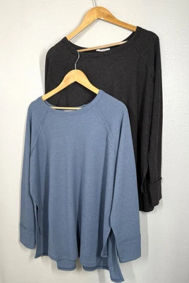 Lot Of 2 Zenana Long Sleeve Raglan Tunic Baby Waffle Top Women's 2X Gray Blue - Image 1 of 4