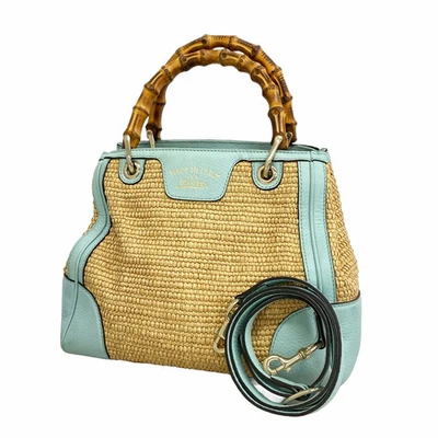 Bolso de mano Gucci de bambú con cuentas de paja bidireccional beige azul dorado herrajes usado #RC06270 Foto 1 de 4