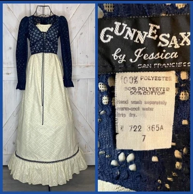 70-е винтажное макси-платье Gunne Sax Black Label Blue Ivory корсет прерия хиппи - Изображение 1 из 4