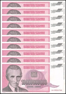 Yugoslavia 10 Milijardi (mil millones) Dinara, 1993, P-127, usado X 10 piezas - Imagen 1 de 2