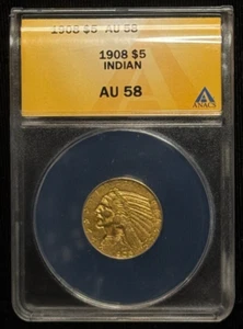1908 - ANACS AU 58 - Gold Indian $5 Five Dollars Half Eagle Coin - Imagen 1 de 2