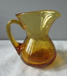Vintage Handblown Amber Crackle Glass Pitcher Applied Handle  - Picture 1 of 6