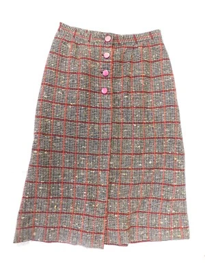 Vintage Gray Red Plaid w/ Pink Buttons SACONY Wool Pencil Skirt 26"W ) - Image 1 of 4