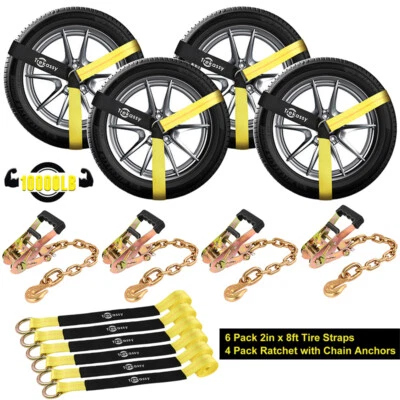 6 Pack Car Tie Down Straps Heavy Duty 10,000 lbs for Trailers Wheel Tow Ratchet Foto 1 de 4