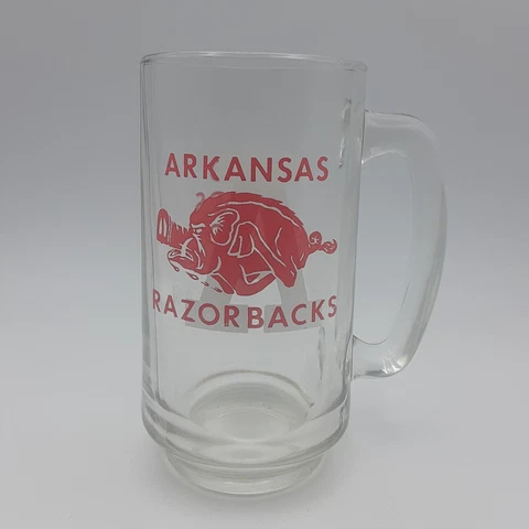 Vintage Arkansas Razorbacks Glass Beer Mug Logo & Go Hogs Go with Handle 12 oz Cover