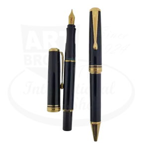 Juego de bolígrafo y pluma estilográfica restaurada usada, negro y dorado - Imagen 1 de 6