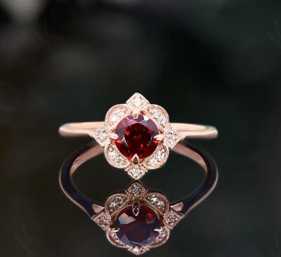 Anillo de compromiso promesa enchapado en oro rosa de 14 quilates de plata 925 granate rojo Foto 1 de 4