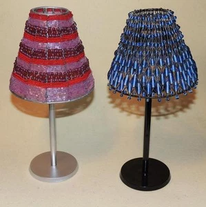 ELEGANT BEADED TEALIGHT LAMP SHADES w/WROUGHT IRON BASE: Black or Silver - EUC - Picture 1 of 3