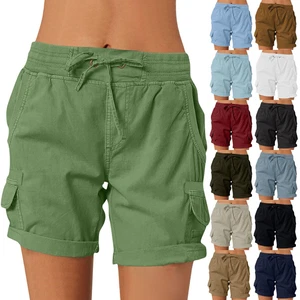 Women's Chino Shorts Cotton Linen Pocket Elastic Waist Summer Ladies Casual Pant - Picture 1 of 54