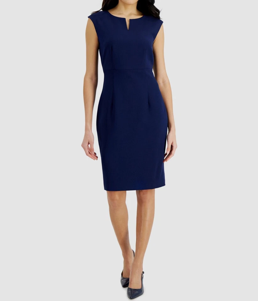 Kasper Women's Blue Solid Notched-Neck Wear-To-Work Sheath Dress Size 12